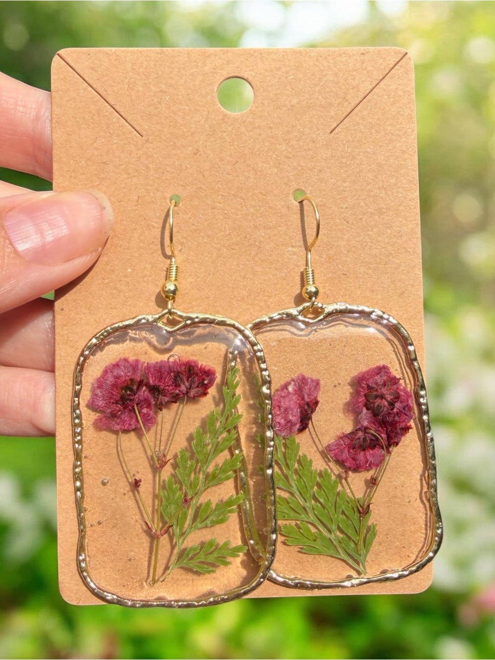 E8 Handmade Gold Resin Earrings with Pink Dried Flowers